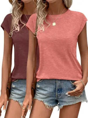 Bliwov 2 Pack Womens Tops Cap Sleeve T Shirts Summer Spring Basic Trendy Casual Outfits Beach Vacation Fashion Dressy Clothes