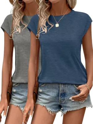 Bliwov 2 Pack Womens Tops Cap Sleeve T Shirts Summer Spring Basic Trendy Casual Outfits Beach Vacation Fashion Dressy Clothes