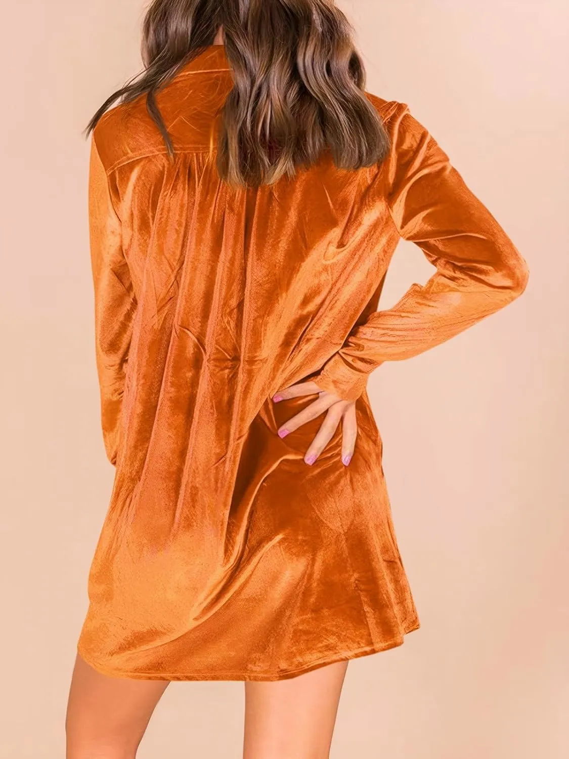 Caitefaso Womens Velvet Button Down T Shirts Swing Mini Dress Casual Long Sleeves Lapel Tunic Tops