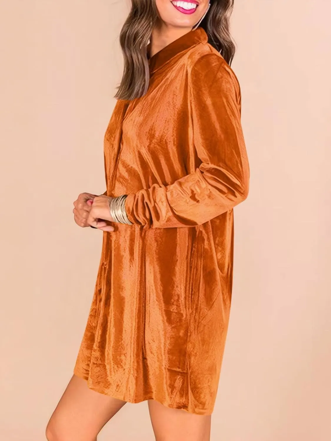 Caitefaso Womens Velvet Button Down T Shirts Swing Mini Dress Casual Long Sleeves Lapel Tunic Tops
