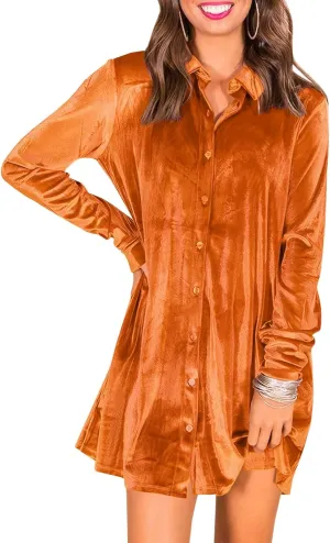 Caitefaso Womens Velvet Button Down T Shirts Swing Mini Dress Casual Long Sleeves Lapel Tunic Tops