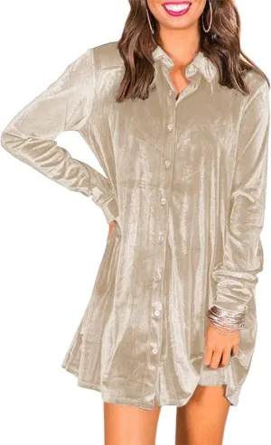 Caitefaso Womens Velvet Button Down T Shirts Swing Mini Dress Casual Long Sleeves Lapel Tunic Tops