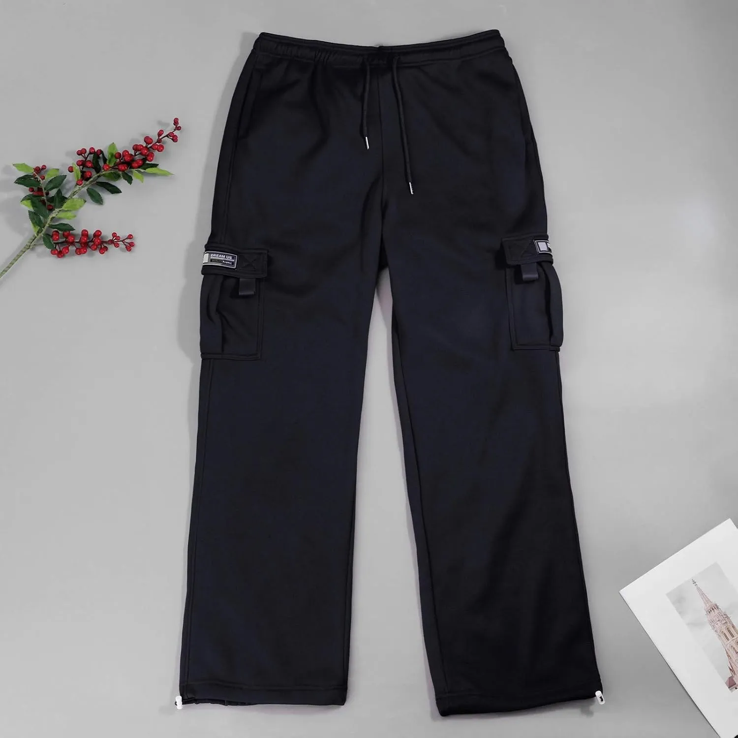 Cargo Sweatpants for Men Fleece Plus Size Hiking Joggers with Pockets Casual Open Bottom Baggy Athletic Pants