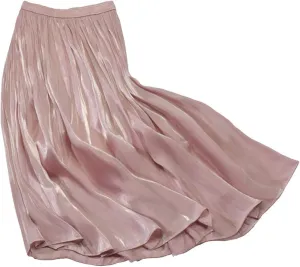 CHARTOU Womens Silky Lustrous Elastic Waist Pleated Accordion Midi Long Skirts