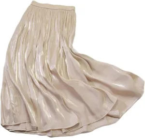 CHARTOU Womens Silky Lustrous Elastic Waist Pleated Accordion Midi Long Skirts