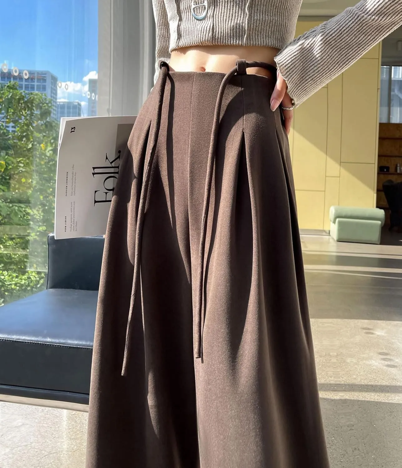 chouyatou Women's Winter Wool Wide Leg Palazzo Pants High Waisted Wool Blend Baggy Trousers Culottes