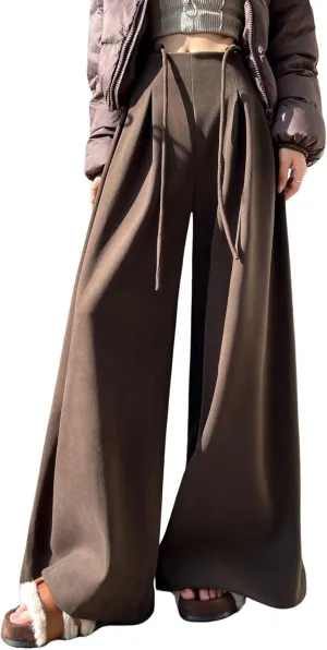 chouyatou Women's Winter Wool Wide Leg Palazzo Pants High Waisted Wool Blend Baggy Trousers Culottes