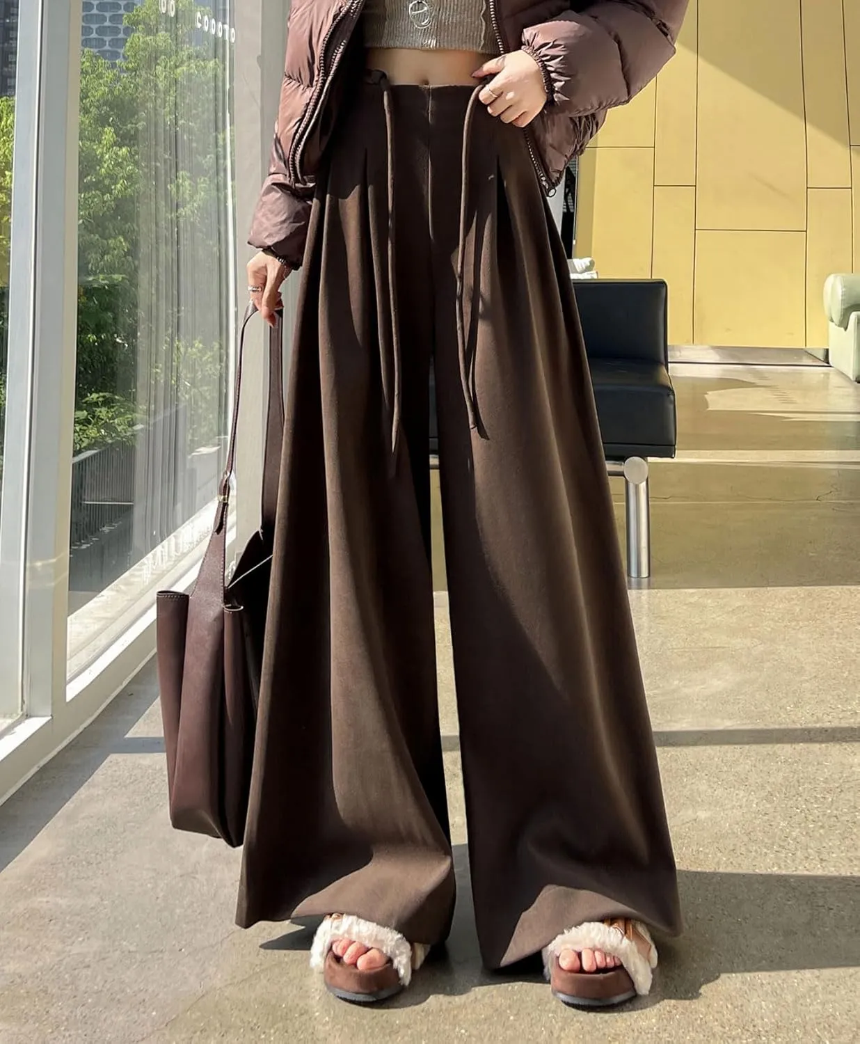 chouyatou Women's Winter Wool Wide Leg Palazzo Pants High Waisted Wool Blend Baggy Trousers Culottes