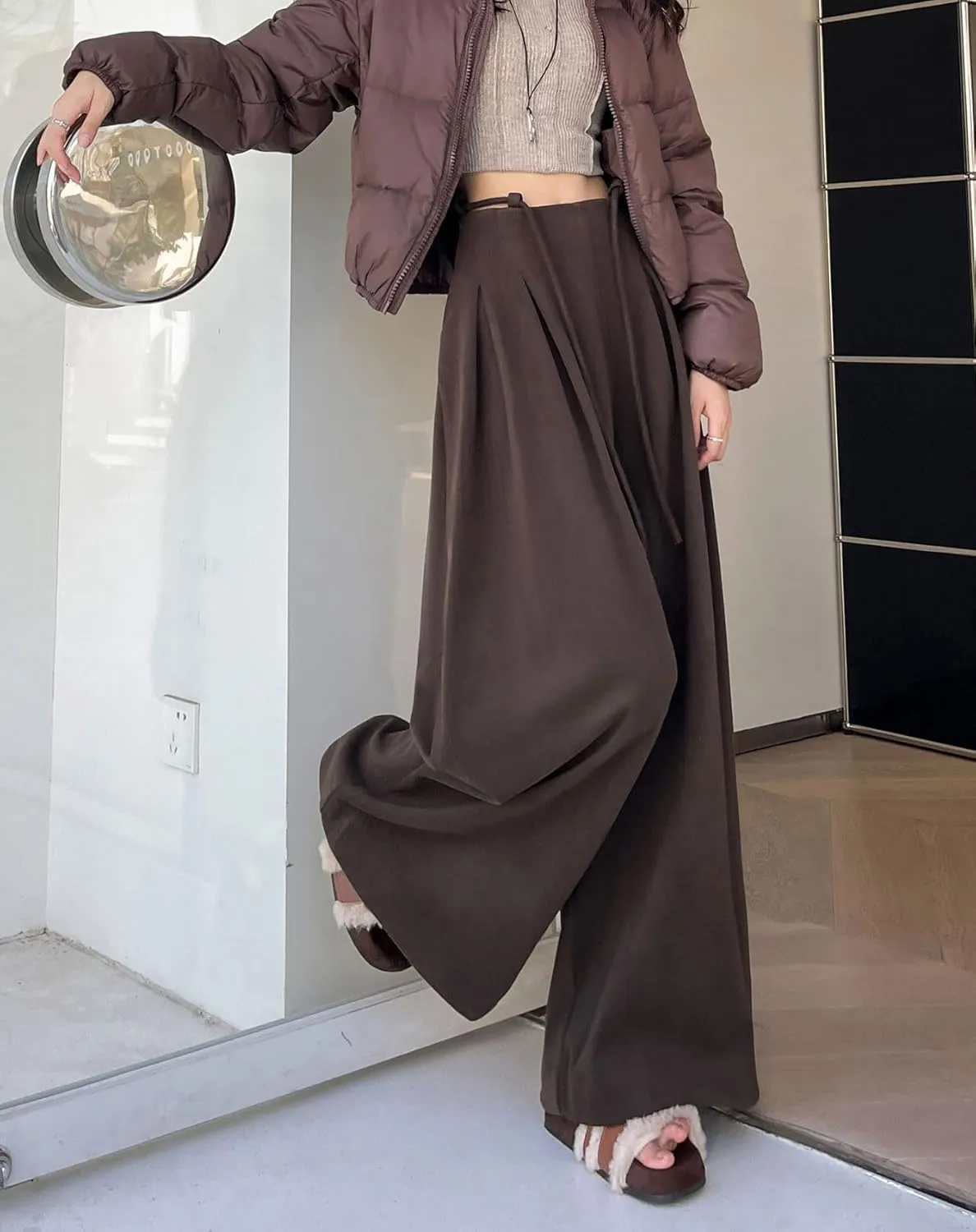 chouyatou Women's Winter Wool Wide Leg Palazzo Pants High Waisted Wool Blend Baggy Trousers Culottes