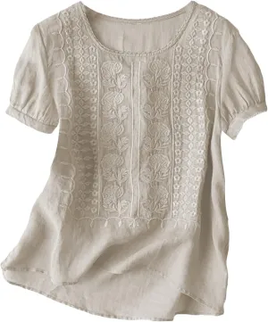 Cotton Gauze Tops for Women Retro Floral Embroidered Top Loose Fit Boho Dressy Casual Blouses Trendy Summer Outfits