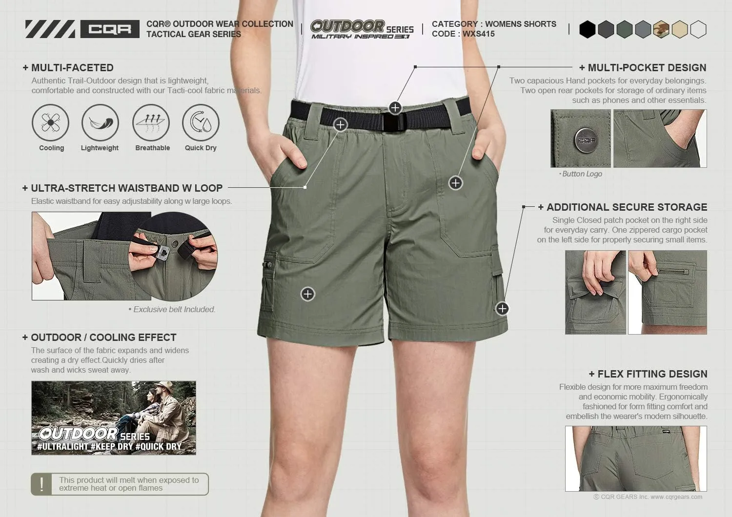 CQR Women's Hiking Shorts, Quick Dry Lightweight Travel Shorts, UPF 50  UV/SPF Stretch Camping Shorts, Outdoor Apparel