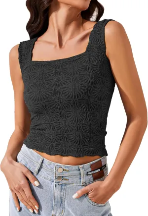 Cropped Tank Tops for Women Square Neck Wide Straps Crop Tank Tops Backless Lettuce Trim Slim Fit Cami Tank Tops
