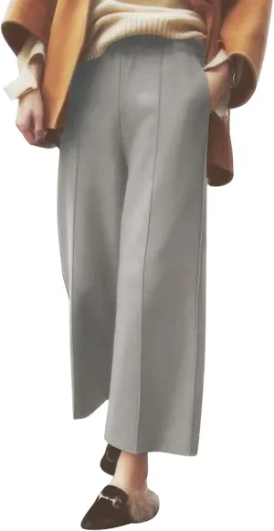 ebossy Women's Elastic Waist Wide Leg Wool Blend Capri Pants Casual Dressy Winter Warm Palazzo Trousers with Pockets
