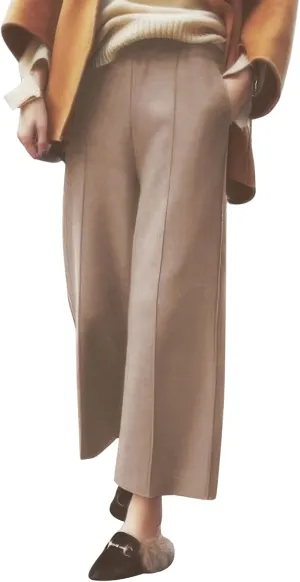 ebossy Women's Elastic Waist Wide Leg Wool Blend Capri Pants Casual Dressy Winter Warm Palazzo Trousers with Pockets