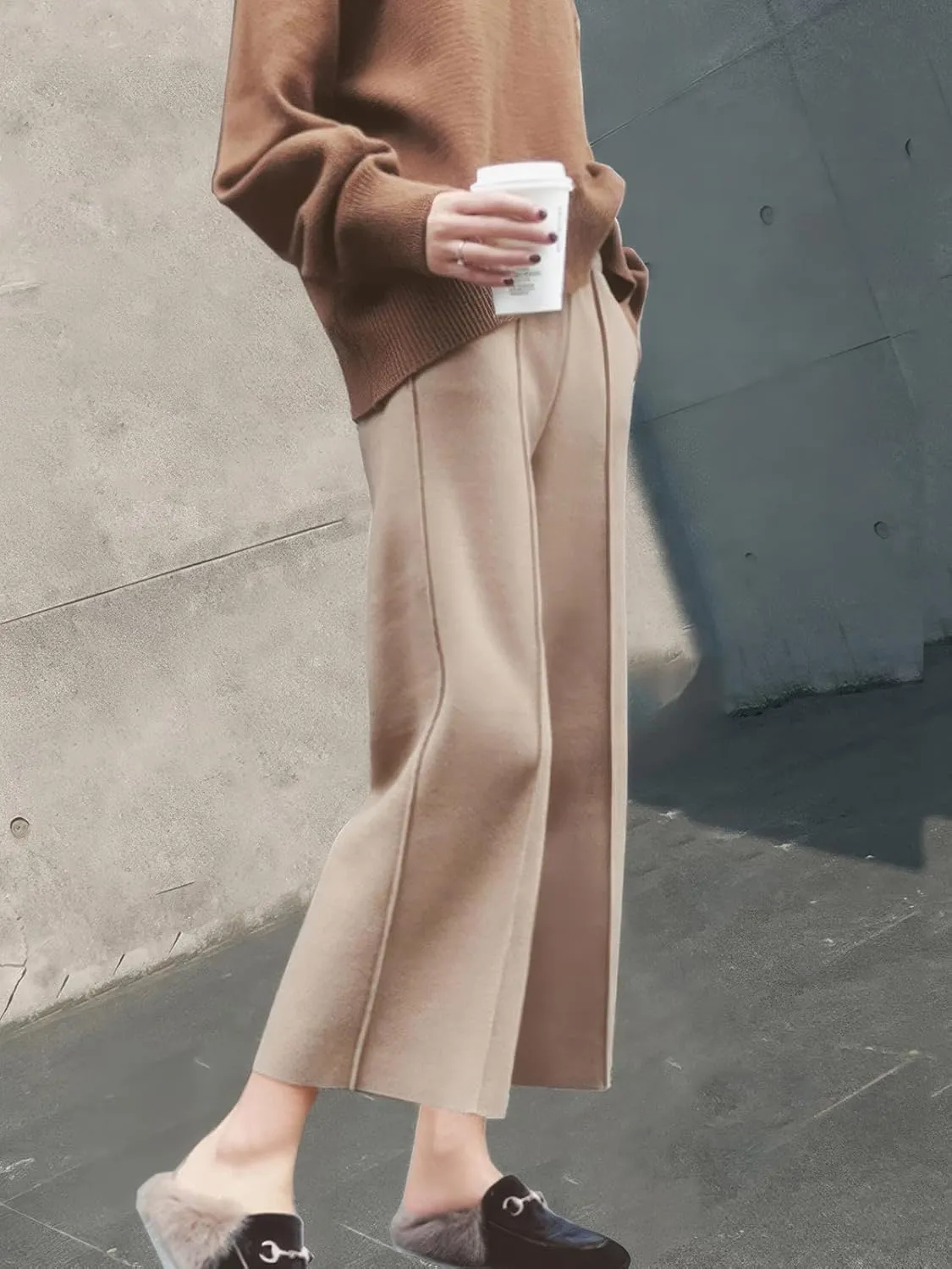 ebossy Women's Elastic Waist Wide Leg Wool Blend Capri Pants Casual Dressy Winter Warm Palazzo Trousers with Pockets