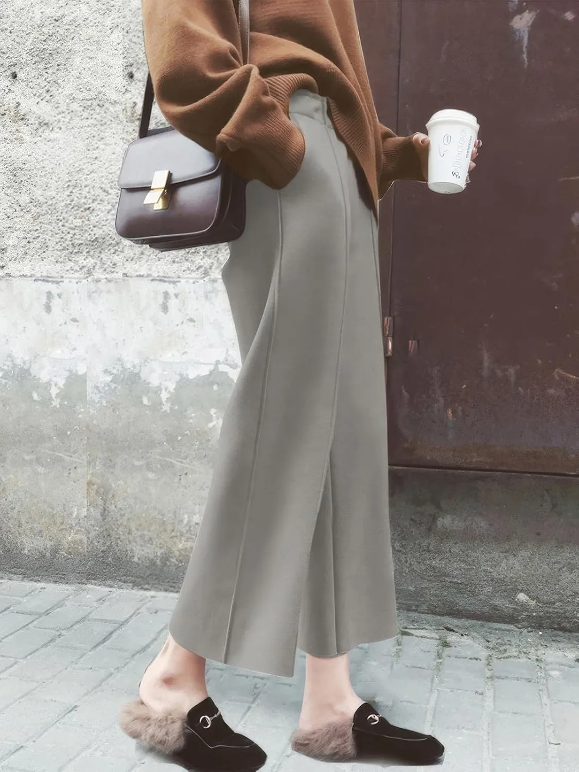 ebossy Women's Elastic Waist Wide Leg Wool Blend Capri Pants Casual Dressy Winter Warm Palazzo Trousers with Pockets