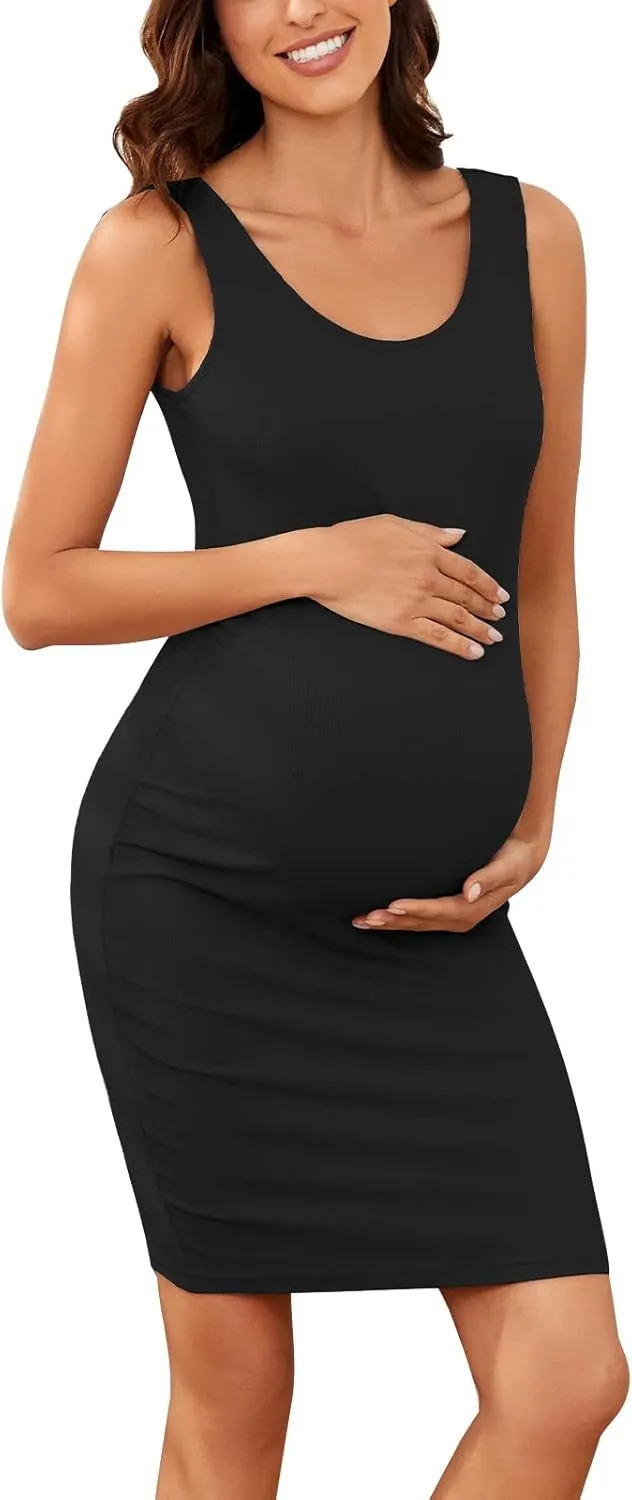 Ecavus Women's Maternity Ribbed Slim Fit Dress Sleeveless Tank Dresses Scoop Neck Pregnancy Bodycon Dress for Casual Wear