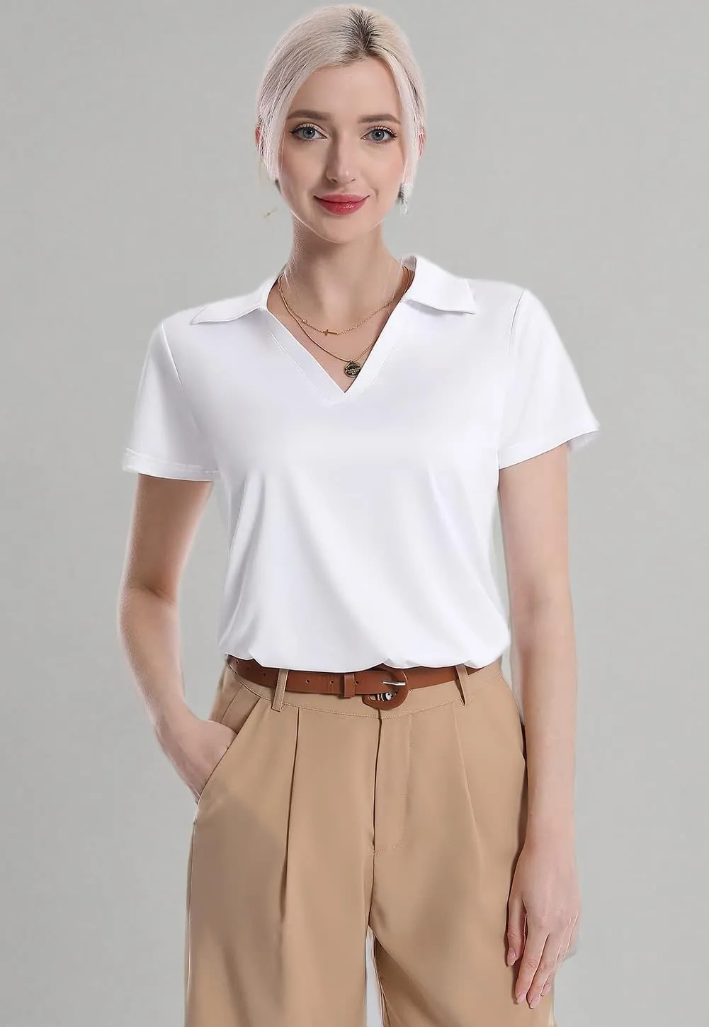 Femdouce Women's Polo Shirts V-Neck Short Sleeve Moisture Wicking Collared Shirts for Women Golf Polo Shirt for Work 1-3 Pack