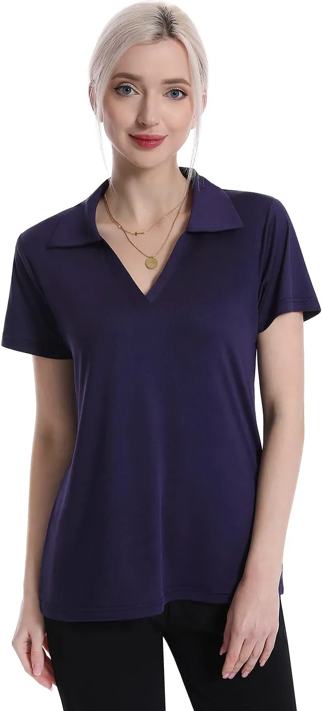 Femdouce Women's Polo Shirts V-Neck Short Sleeve Moisture Wicking Collared Shirts for Women Golf Polo Shirt for Work 1-3 Pack