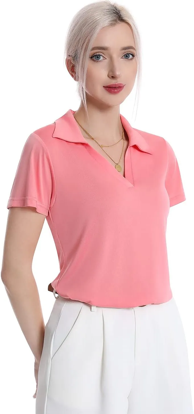 Femdouce Women's Polo Shirts V-Neck Short Sleeve Moisture Wicking Collared Shirts for Women Golf Polo Shirt for Work 1-3 Pack
