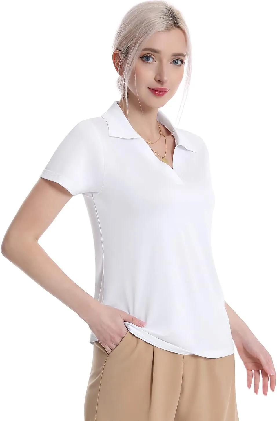 Femdouce Women's Polo Shirts V-Neck Short Sleeve Moisture Wicking Collared Shirts for Women Golf Polo Shirt for Work 1-3 Pack