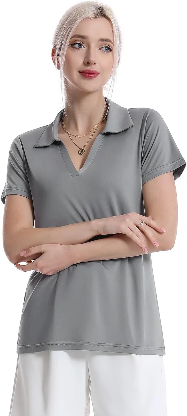 Femdouce Women's Polo Shirts V-Neck Short Sleeve Moisture Wicking Collared Shirts for Women Golf Polo Shirt for Work 1-3 Pack