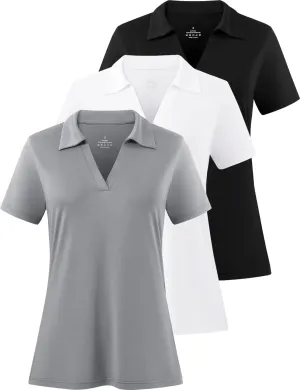 Femdouce Women's Polo Shirts V-Neck Short Sleeve Moisture Wicking Collared Shirts for Women Golf Polo Shirt for Work 1-3 Pack