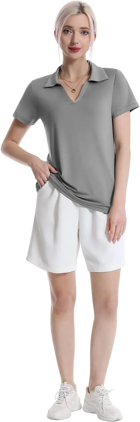 Femdouce Women's Polo Shirts V-Neck Short Sleeve Moisture Wicking Collared Shirts for Women Golf Polo Shirt for Work 1-3 Pack