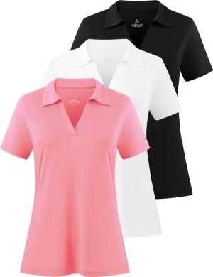 Femdouce Women's Polo Shirts V-Neck Short Sleeve Moisture Wicking Collared Shirts for Women Golf Polo Shirt for Work 1-3 Pack