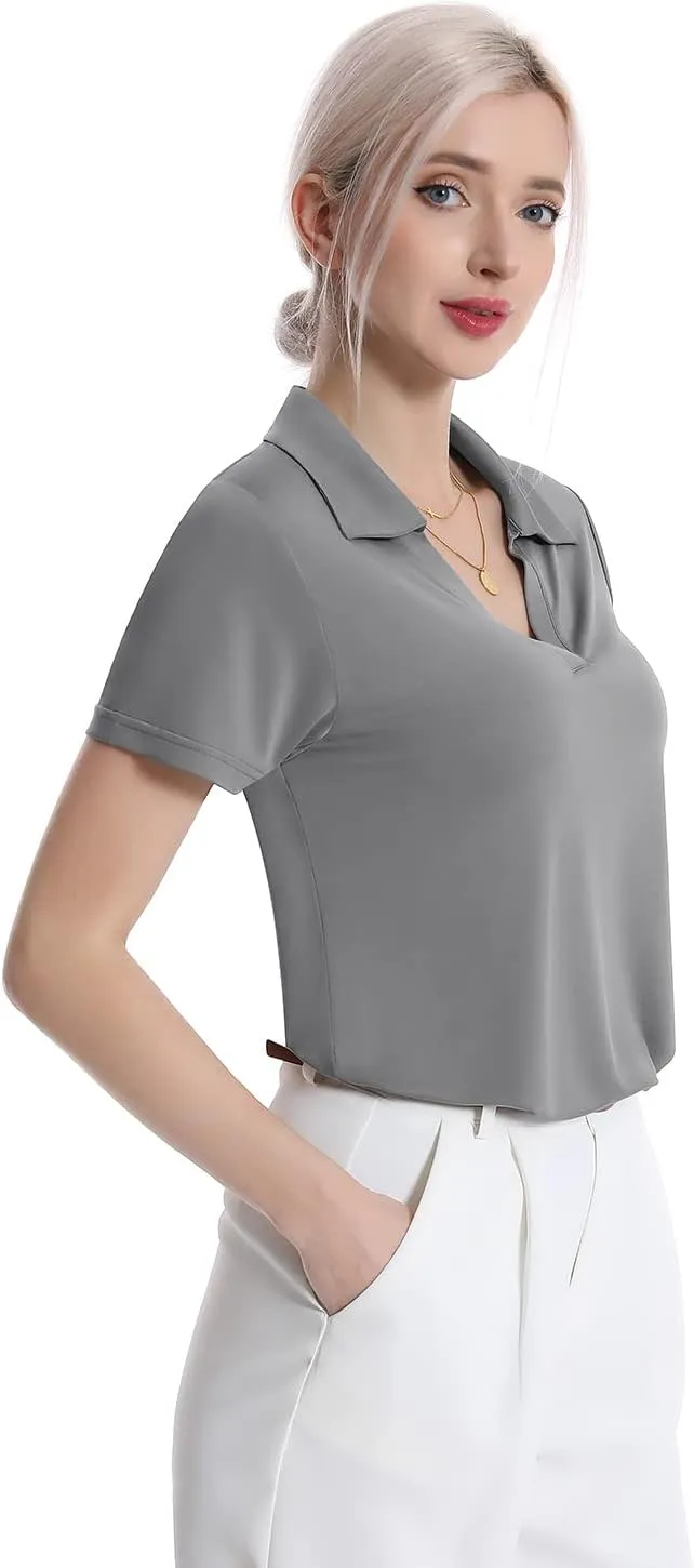 Femdouce Women's Polo Shirts V-Neck Short Sleeve Moisture Wicking Collared Shirts for Women Golf Polo Shirt for Work 1-3 Pack