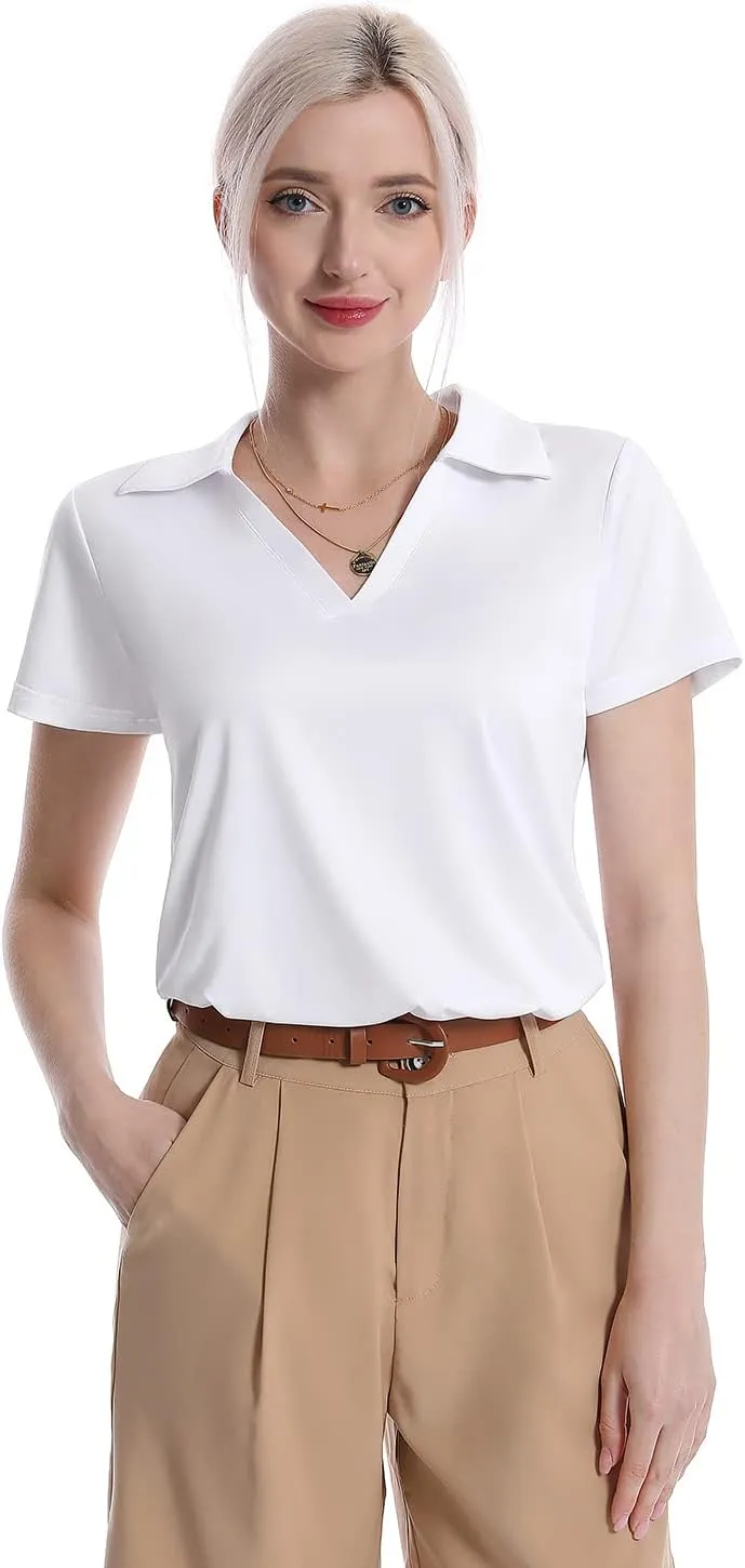 Femdouce Women's Polo Shirts V-Neck Short Sleeve Moisture Wicking Collared Shirts for Women Golf Polo Shirt for Work 1-3 Pack