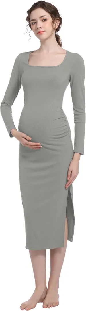 Foucome Maternity Dress Long Sleeve Ribbed Square Neck Split Ruched Pregnancy Bodycon Dress