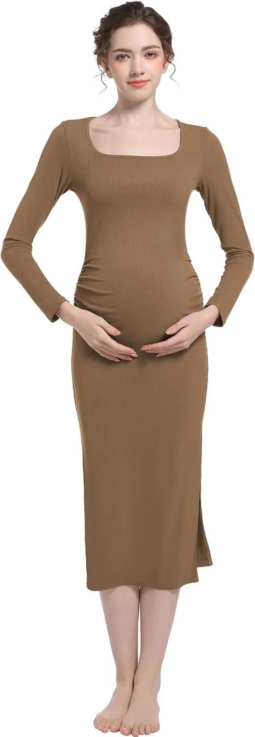 Foucome Maternity Dress Long Sleeve Ribbed Square Neck Split Ruched Pregnancy Bodycon Dress