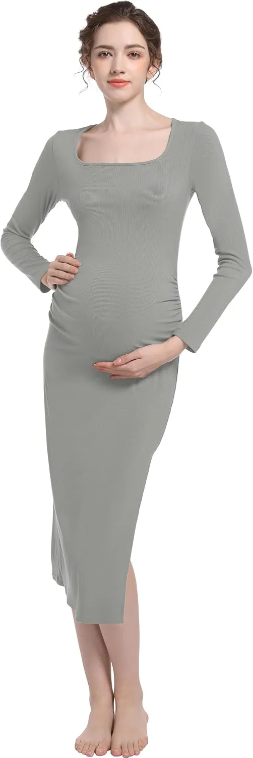 Foucome Maternity Dress Long Sleeve Ribbed Square Neck Split Ruched Pregnancy Bodycon Dress