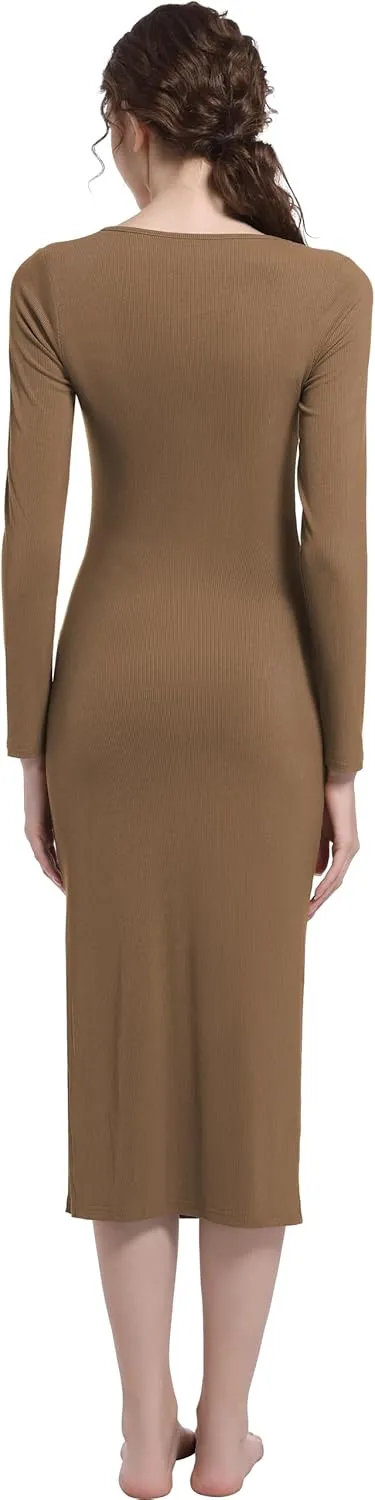 Foucome Maternity Dress Long Sleeve Ribbed Square Neck Split Ruched Pregnancy Bodycon Dress