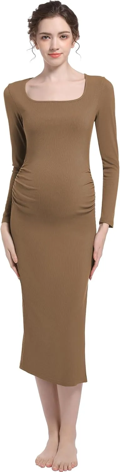 Foucome Maternity Dress Long Sleeve Ribbed Square Neck Split Ruched Pregnancy Bodycon Dress
