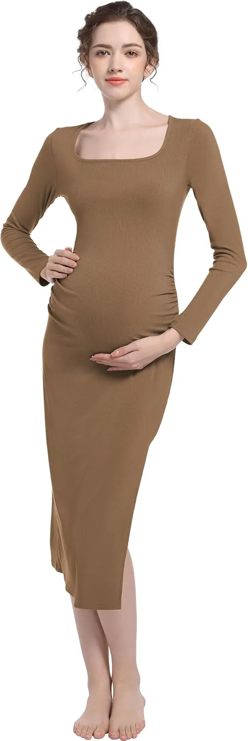 Foucome Maternity Dress Long Sleeve Ribbed Square Neck Split Ruched Pregnancy Bodycon Dress