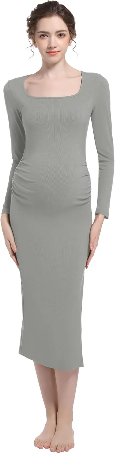 Foucome Maternity Dress Long Sleeve Ribbed Square Neck Split Ruched Pregnancy Bodycon Dress