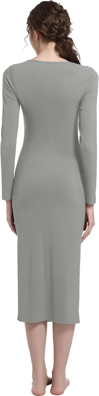 Foucome Maternity Dress Long Sleeve Ribbed Square Neck Split Ruched Pregnancy Bodycon Dress