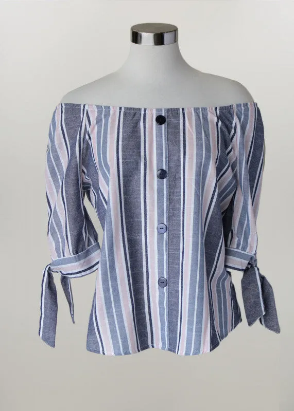 Ladies Top Denim White Pink Stripe - 78023