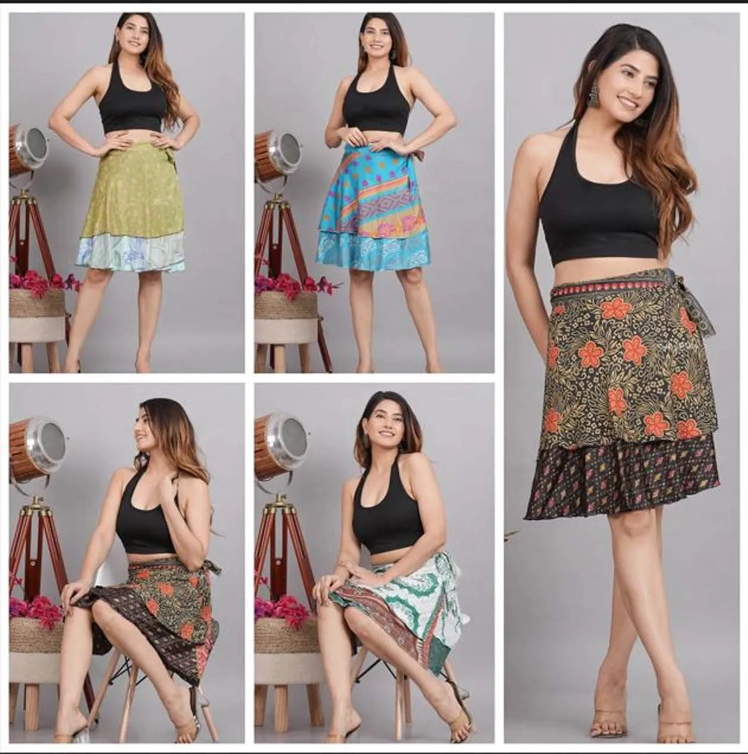 Lot of 3/5 Women's Indian Silk Wrap Around Skirts Wear Boho Hippie Magic Flowers Summer Skirt Saree