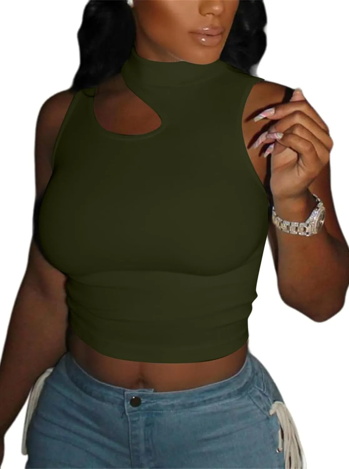 LovelyWholesale Crop Tops for Women Sexy Cut Out Tops Mock Neck Tank Top