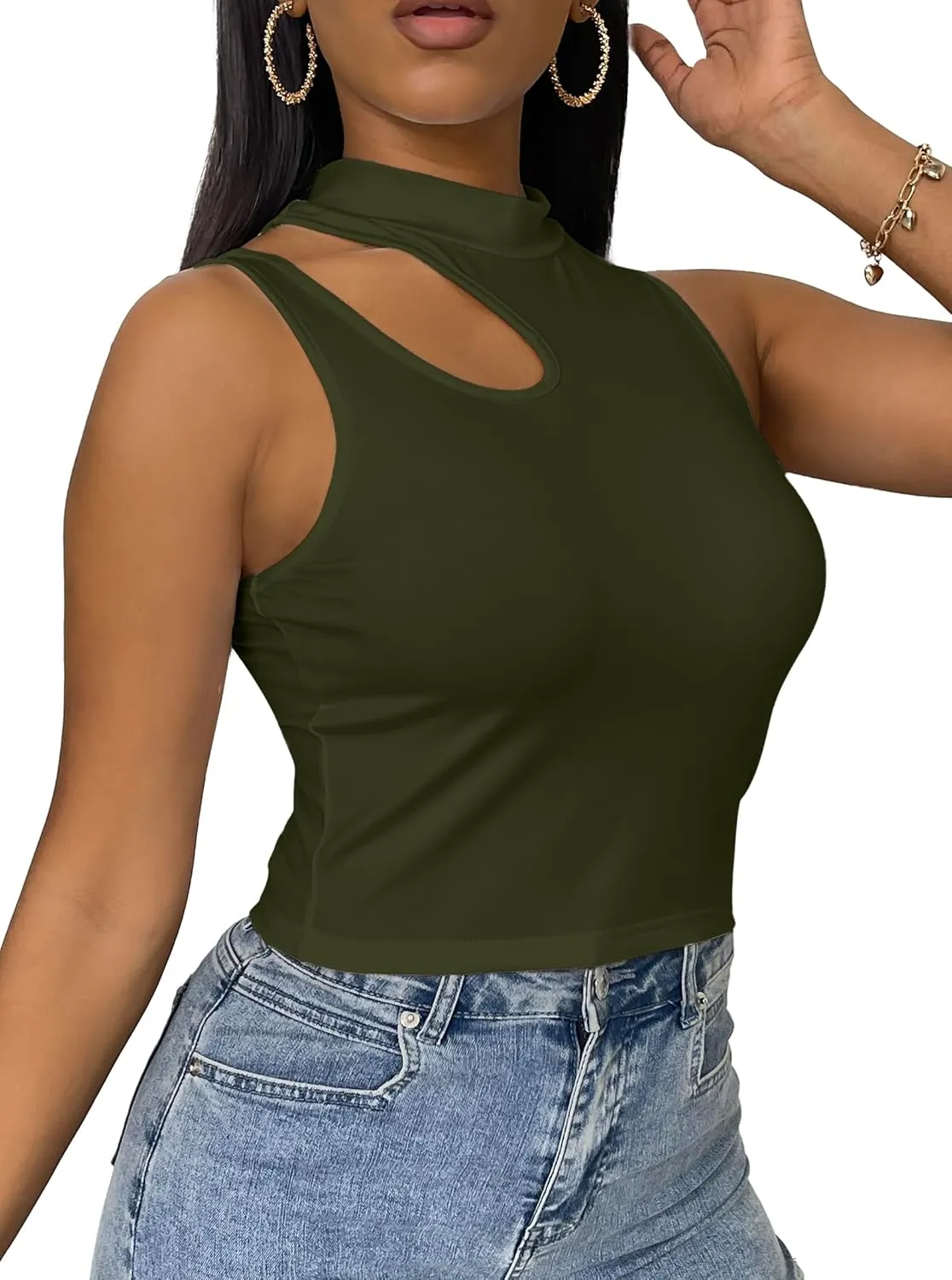 LovelyWholesale Crop Tops for Women Sexy Cut Out Tops Mock Neck Tank Top