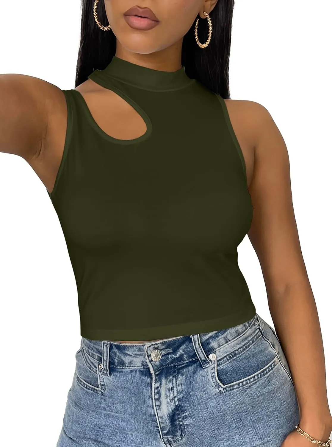 LovelyWholesale Crop Tops for Women Sexy Cut Out Tops Mock Neck Tank Top
