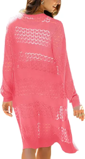 LYHNMW Women's Casual Lightweight Crochet Cardigan Sweater Long Sleeve Open Front Knitt Boho Beach Coverups with Pockets