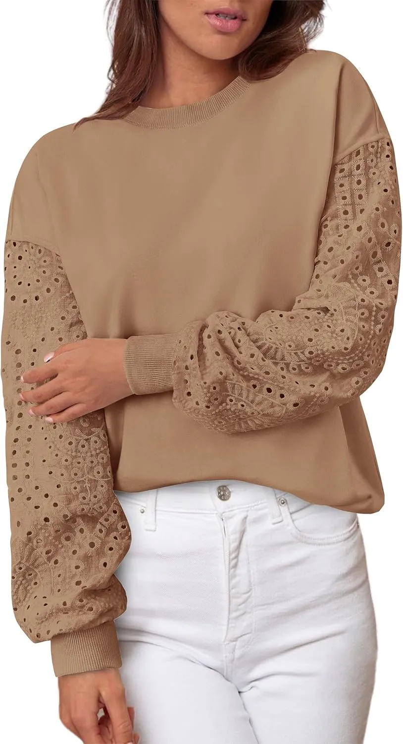 MASCOMODA Fall Fashion 2024 Blouses for Women Dressy Casual Lace Long Sleeve Tops Crewneck Eyelet Knit T Shirts Sweatshirt