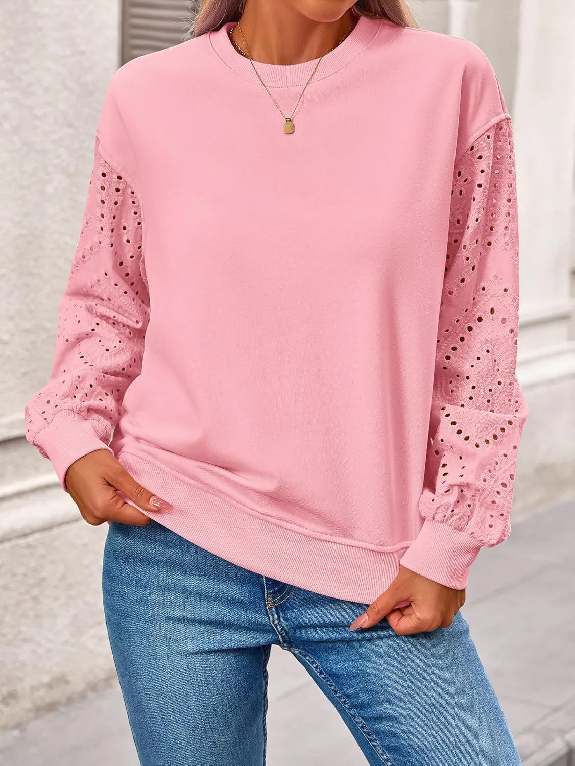 MASCOMODA Fall Fashion 2024 Blouses for Women Dressy Casual Lace Long Sleeve Tops Crewneck Eyelet Knit T Shirts Sweatshirt
