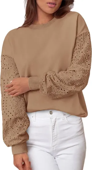 MASCOMODA Fall Fashion 2024 Blouses for Women Dressy Casual Lace Long Sleeve Tops Crewneck Eyelet Knit T Shirts Sweatshirt