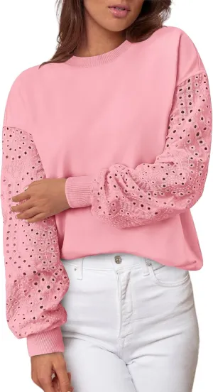 MASCOMODA Fall Fashion 2024 Blouses for Women Dressy Casual Lace Long Sleeve Tops Crewneck Eyelet Knit T Shirts Sweatshirt