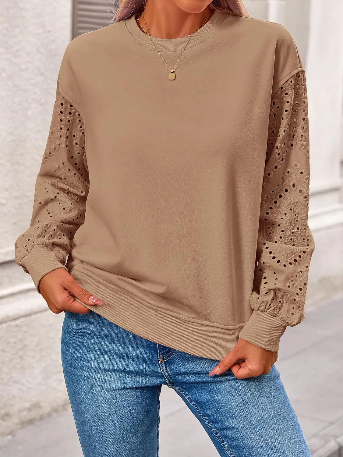 MASCOMODA Fall Fashion 2024 Blouses for Women Dressy Casual Lace Long Sleeve Tops Crewneck Eyelet Knit T Shirts Sweatshirt